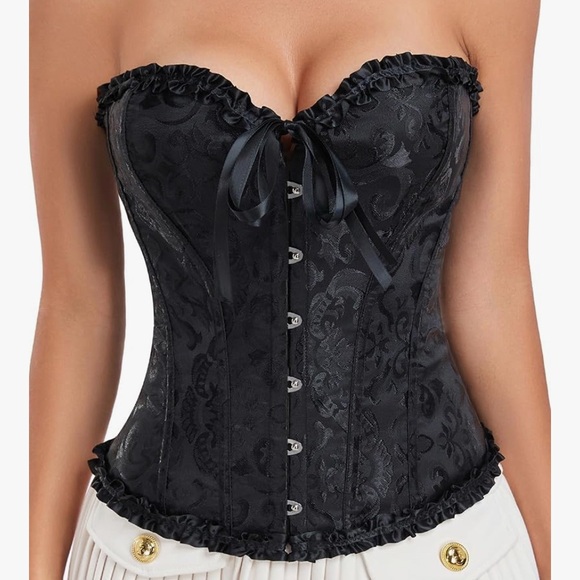 New Black Satin and Ruffle Lace Up Back Overbust Vintage Style Corset / XXL - Picture 1 of 10
